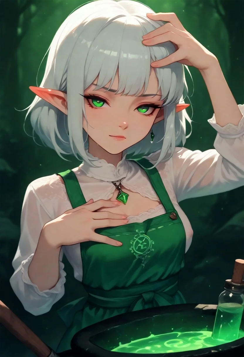 (Opening:0.0)
(score_9, score_8_up, score_7_up), (lazypos), masterpiece, amazing quality, perfect face, perfect eyes, detailed eyes, 4K, ultra-detailed, ((1 girl, solo)), (from chest to head, three-quarter view, portrait), breast focus
(Girl:0.0)
petite body, medium soft breasts, soft waist, fair skin with shimmer, emerald eyes, looking at viewer, gentle smile, long silver hair, pointed elf ears, erect nipples, cameltoe
(Clothes:0.0)
tight green enchanted apron, magical runes glowing, white peasant blouse underneath, blouse low-cut, fabric straining over chest, crystal pendant
(Pose:0.0)
mixing potions at cauldron, one hand stirring, other hand on chest, chest forward, head tilted, eyes sparkling
(Scene:0.0)
magical workshop with glowing bottles, excellent lighting on her body, mystical blue glow, rim light on chest, blur background, fantasy enchanting vibe