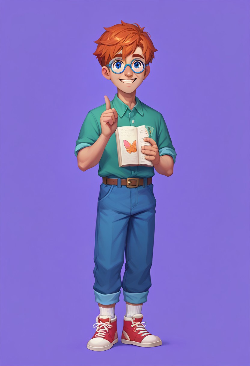score_9, score_8_up, score_7_up, score_6_up, CasGAC, masterpiece, best quality, detailed eyes, detailed face, perfect eyes, high detailed, absurdres, highres, BREAK 1boy, ((kid, child)), solo, ginger hair, smile, blue eyes, short hair, blue denim jumpsuit with turn-ups, red butterfly, white collar, green shirt, white socks, blue and white sneakers, round blue glasses, eyebrows up, small brown belt on his waist, BREAK left hand up with up index finger, points up with his index finger, right hand holding yellow opened book with white sheets, standing, full body, full body shot, looking at viewer, semi-sideways, half-sideway, BREAK simple background, purple background