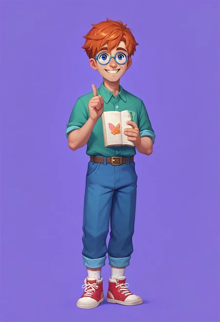 score_9, score_8_up, score_7_up, score_6_up, CasGAC, masterpiece, best quality, detailed eyes, detailed face, perfect eyes, high detailed, absurdres, highres, BREAK 1boy, ((kid, child)), solo, ginger hair, smile, blue eyes, short hair, blue denim jumpsuit with turn-ups, red butterfly, white collar, green shirt, white socks, blue and white sneakers, round blue glasses, eyebrows up, small brown belt on his waist, BREAK left hand up with up index finger, points up with his index finger, right hand holding yellow opened book with white sheets, standing, full body, full body shot, looking at viewer, semi-sideways, half-sideway, BREAK simple background, purple background