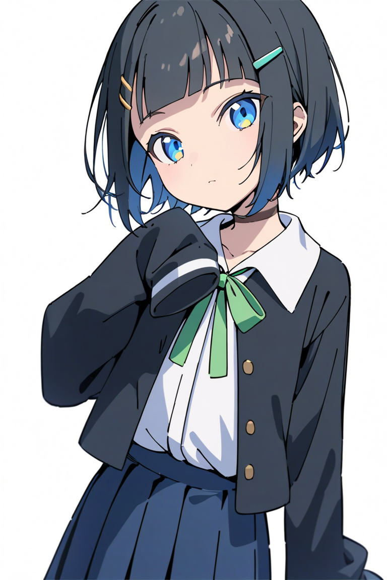 1girl, solo, blue eyes, short hair, white background, skirt, looking at viewer, choker, simple background, sleeves past wrists, black hair, shirt, hair ornament, jacket, hairclip, long sleeves, bangs, closed mouth, pleated skirt, white shirt, black jacket, blue skirt, school uniform, green ribbon, blunt bangs, ribbon, masterpiece, best quality,
 <lora:shinonome akira A31 e1:0.95>