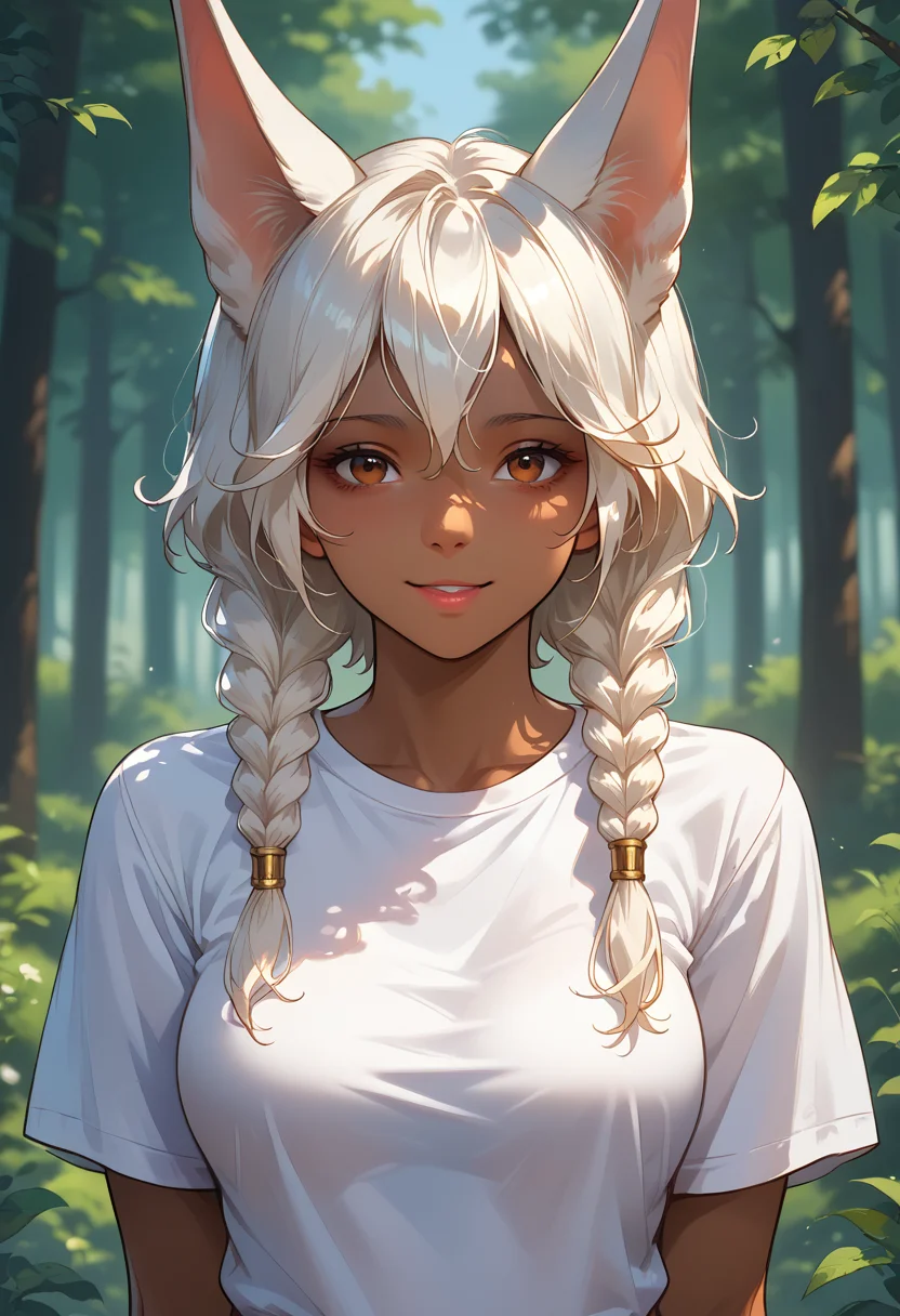 core_9, score_8_up, score_7_up, (masterpiece, best quality, very aesthetic, ultra detailed, source anime, anime, intricate details), <lora:riana:1>, 1girl, solo, riana, dark-skinned female, medium breasts, wide hips, wide legs, brown eyes, cat nose, white hair, twin braids, animal ears, long ears, smile, white t-shirt, upper body, portaint, depth of field, outdoors, forest <lora:Expressive_H:0.8>, expressiveh, <lora:Nakatori(style)PDXL:0.3>,