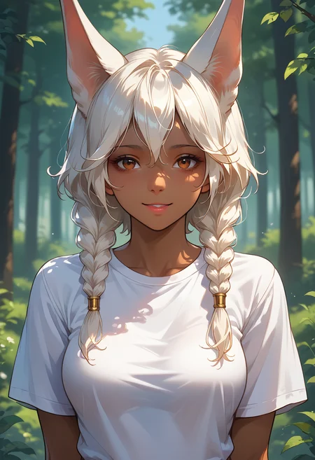 core_9, score_8_up, score_7_up, (masterpiece, best quality, very aesthetic, ultra detailed, source anime, anime, intricate details), <lora:riana:1>, 1girl, solo, riana, dark-skinned female, medium breasts, wide hips, wide legs, brown eyes, cat nose, white hair, twin braids, animal ears, long ears, smile, white t-shirt, upper body, portaint, depth of field, outdoors, forest <lora:Expressive_H:0.8>, expressiveh, <lora:Nakatori(style)PDXL:0.3>,