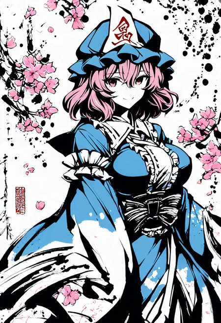 score_9,score_8_up,score_7_up,ink \(medium\),Ink wash painting,greyscale,monochrome,foreshortening,intricate details,1girl,solo,thyuyuko,saigyouji yuyuko,pink hair,bangs,hair between eyes,large breasts,triangular headpiece,hat,mob cap, headwear,long sleeves,frills,wide sleeves,looking_at_viewer,cowboy_shot,smile,arms_at_sides,outdoors,Japanese style room,petals dancing in the wind,petals background,<lora:okazu_XL_PONY_v1.1:1.7>,<lora:thyuyuko.pony:0.8>,<lora:Anipai_style-07:0.7>,<lora:cfg_scale_boost:0.3>,zPDXL3,
