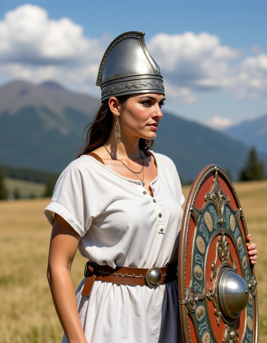 Dacian a woman with a falx and a white shirt is standing in front of a mountain. Woman wear a dacian hat and hold a dacian decorated ovel shield. <lora:DaciiV6:1>