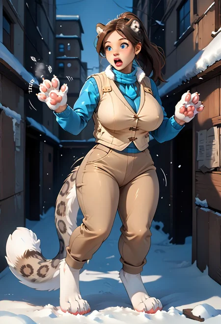 score_9, score_8_up, score_7_up, female explorer accidentally transforming herself into a busty feral snow leopard, (solo, 1girl, swirling pink DonMM4g1cXL magic, woman morphing into snow leopard, sfw, safe for work, paws, busty feral, quadruped, feline nose, feline teeth, feline eyes). human face:0.75, snow leopard transformation, ponytail, snow leopard girl, anthro, blue eyes, (surprised, hot, aroused, covered breasts, hunting vest, stretched vest, hunter vest, beige vest, beige cargopants, beige cargo pants, tight pants, large breasts, bottom heavy, thick thighs, splitting seams, splitting pants), motion lines, sound effects, laboratory, ruins, vest, sexy, wide hips, (living inflatable, inflating, fluffy tail, snow leopard tail, busty feral, quadruped), perfect tits, large breasts, furry, sexy, breast expansion, hip expansion, feral legs