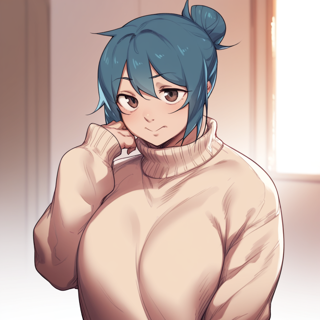score_9, score_8_up, score_7_up, natsumi, blue haired female, bangs, single hair bun, sweater, bedroom