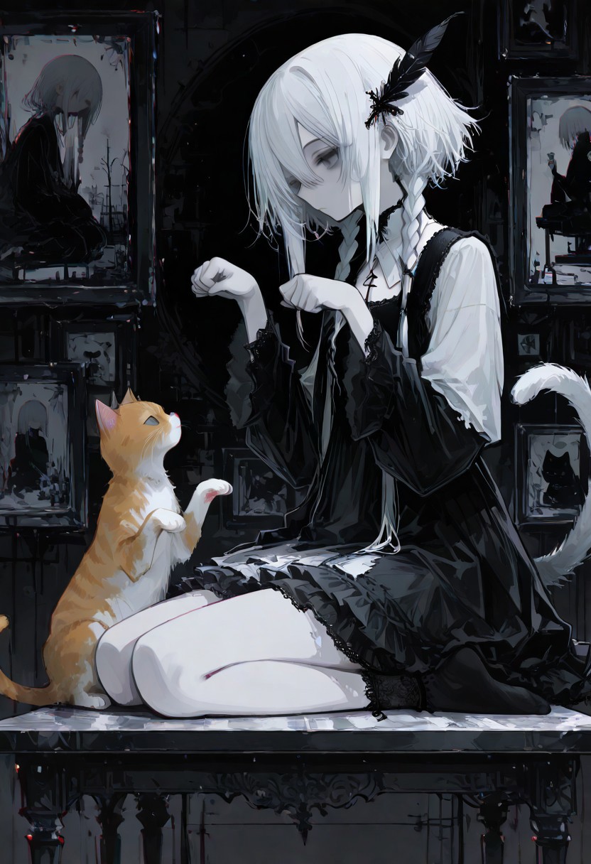 masterpiece,  best quality, good quality, very awa,  very aesthetic, absurdres, newest, 8k, HDR, focused subject, oc-chan_(ketopon), 1girl, solo, white hair, long hair, twin braids, hair between eyes, feather hair ornament, grey eyes, solid eyes, expressionless, pale skin, goth fashion, frilled dress, square neckline, high collard,lace trim, feet, ankle socks, sitting, seiza, from side, profile, hands up, paw pose, animal, ginger cat sitting on chabudai_(table), paws up, head tilt, curled tail, indoors, scenery,  dark theme,chromatic aberration, limited palette,flat colors, no lineart, no outline, 15546+456868, r17329_illu,