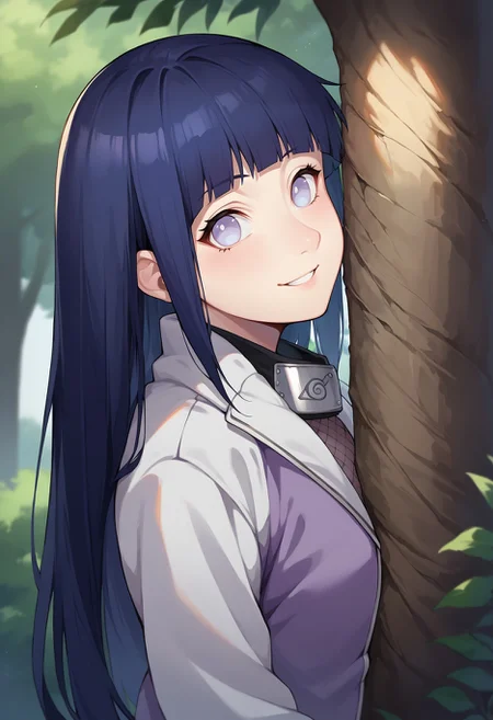 ScorEmCo-v1, BGEmbDet-v1, source anime,  
hinata_part2, long hair, two-tone jacket, konohagakure symbol, forehead protector, fishnets, from side, leaning on tree, smiling, head tilt, looking at viewer,
<lora:hinataXL:1>