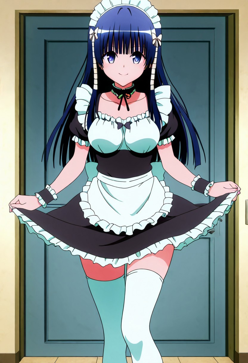 masterpiece, best quality, medium breasts, anime screenshot, to love-ru, to love-ru darkness, absurdres, highres, smile, solo,
murasame_oshizu, shizu murasame,medium breasts, long hair, blue eyes, blue hair, black hair, sidelocks, hime cut, bangs, blunt bangs, hair tubes,  anime screencap,
clothes lift, apron, zettai ryouiki, wrist cuffs, maid, maid headdress, skirt lift, enmaided, door, looking at viewer, frills, choker, white thighhighs, dynamic pose, smile, looking at viewer,