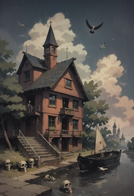 score_9, score_8_up, score_7_up score_9, score_8_up, score_7_up, score_6_up, score_5_up, score_4_up,
<lora:NeonFantasyNocturneV10:1> cult1st,
sky, cloud, signature, tree, window, bird, animal, cloudy sky, cross, building, scenery, rain, stairs, watercraft, house, skeleton, evening, boat, town, pink sky