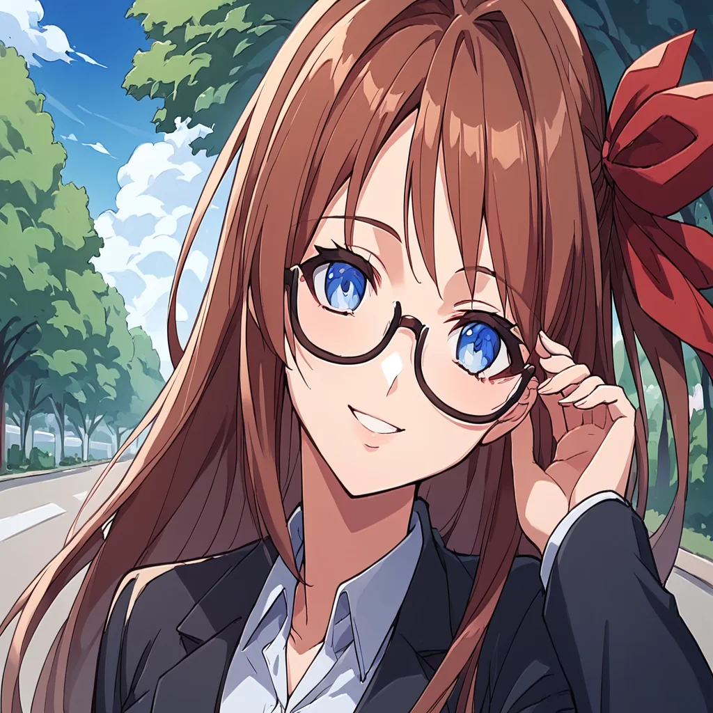 score_9,score_8_up,score_7_up, masterpiece, 8k, highres, wallpaper, source_anime,  park, blue sky, medium shot, close up, pov,
<lora:Akane_Himeyama:1>, 1girl, solo, medium shot, portrait, 
brown hair, long hair, red hair ribbon, 
blue eyes, 
female office suit, glasses,
smiling,