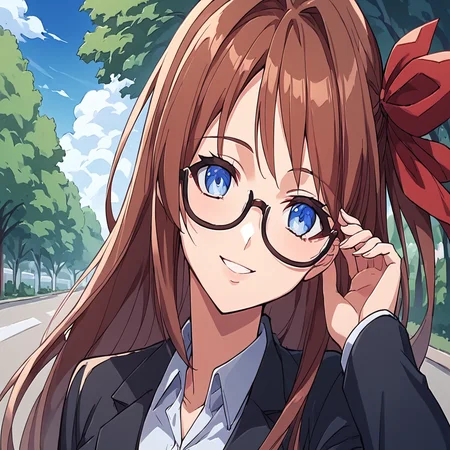 score_9,score_8_up,score_7_up, masterpiece, 8k, highres, wallpaper, source_anime,  park, blue sky, medium shot, close up, pov,
<lora:Akane_Himeyama:1>, 1girl, solo, medium shot, portrait, 
brown hair, long hair, red hair ribbon, 
blue eyes, 
female office suit, glasses,
smiling,