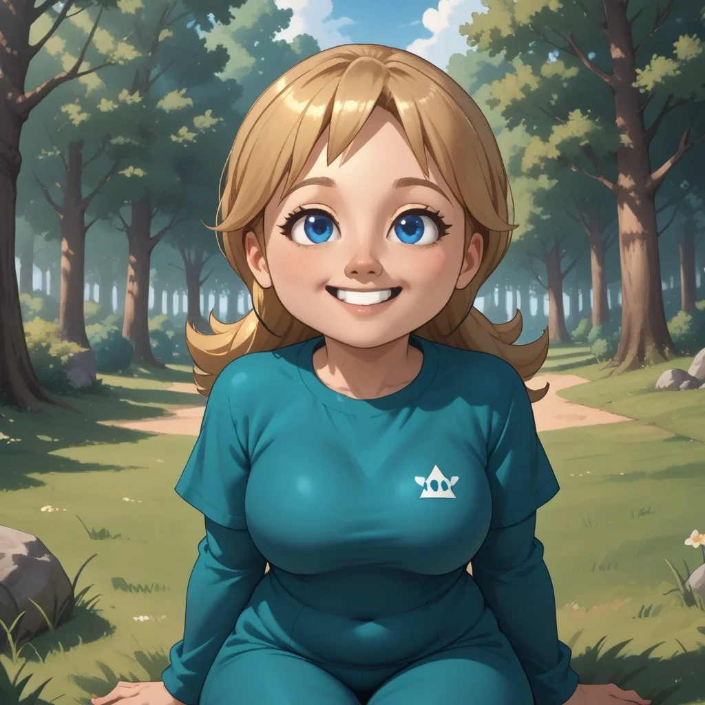 score_9, score_8, BREAK, solo, mii, wii, wii sports resort, 1girl, female mii, cute, blonde hair, black blue eyes, rare eyes, tree shaped nose, buck tooth, double chin, chubby, chubby female, dark green clothing, white pants, barefoot, Megan_(\Wii_Sports_Resort\), Nintendo Mii, modern_mii, classic_mii, big breasts, sexy pose, self portrait, smile, outdoors, sunlight, shadows, evening lighting, natural lighting, forest, trees, grass, orange sky, sunset, sitting, feet, soles