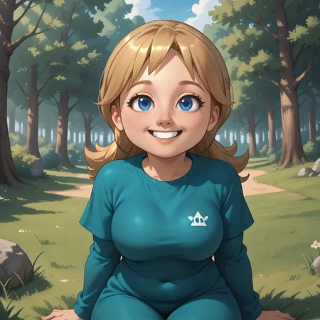 score_9, score_8, BREAK, solo, mii, wii, wii sports resort, 1girl, female mii, cute, blonde hair, black blue eyes, rare eyes, tree shaped nose, buck tooth, double chin, chubby, chubby female, dark green clothing, white pants, barefoot, Megan_(\Wii_Sports_Resort\), Nintendo Mii, modern_mii, classic_mii, big breasts, sexy pose, self portrait, smile, outdoors, sunlight, shadows, evening lighting, natural lighting, forest, trees, grass, orange sky, sunset, sitting, feet, soles