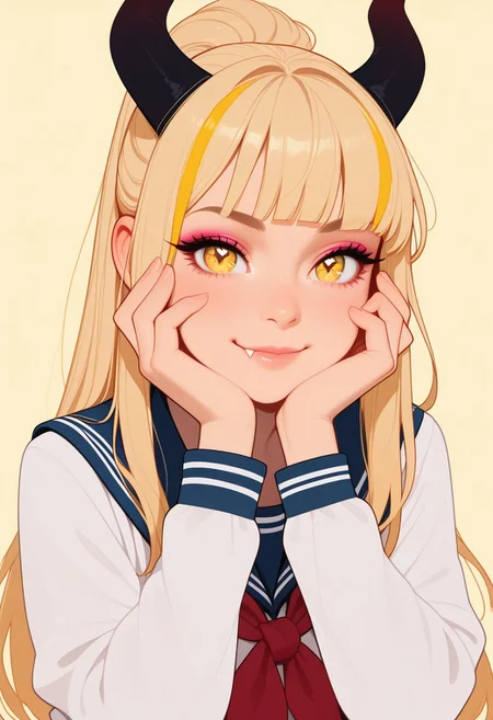 HDR, 8K, high contrast, masterpiece, best quality, amazing quality, very aesthetic, realistic, newest, volumetric lighting,
(artist:incase:0.5), (artist:tsuaii:0.5), (flat colors:2), haiz_ai, no lineart, no outline,
1girl, solo, long hair, looking at viewer, smile, simple background, shirt, blonde hair, long sleeves, closed mouth, school uniform, white shirt, upper body, yellow eyes, ponytail, blunt bangs, sailor collar, streaked hair, fingernails, hands up, neckerchief, symbol-shaped pupils, eyelashes, lips, makeup, demon horns, portrait, blue sailor collar, yellow background, red neckerchief, eyeshadow, head rest, star-shaped pupils, black horns, hands on own face, fang out, hands on own cheeks, long eyelashes, pink