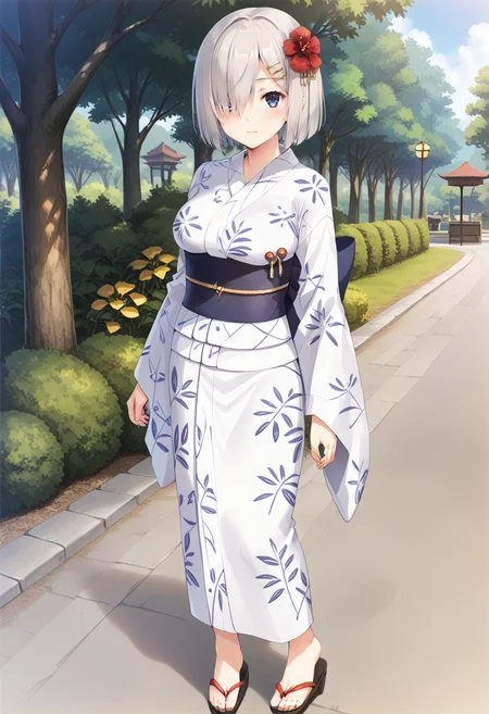 standing, full body, park, <lora:KC_01DD_hamakaze_pony-000032:1> hamakazekc, grey hair, hairpin, short hair, bangs, hair over one eye, blue eyes, large breasts, hamakazeyukatakc, white yukata, print kimono, hair flower, long sleeves, wide sleeves, obi, sash, sandals, score_9,score_8_up, score_7_up, source_anime, masterpiece, best quality, official art, official style, game cg, megami magazine, rating_safe, rating_questionable, NEGATIVE_HANDS, <lora:DetailedPerfect_hands_r1:1>