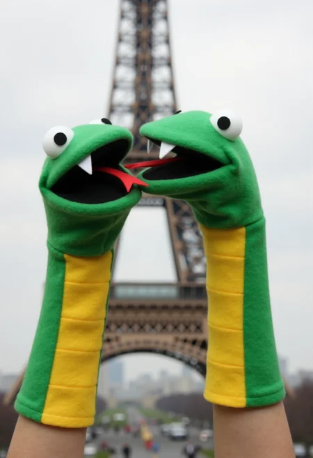 high resolution photo of two arms emerging from the bottom with a long hand puppet on them. The hand puppet resembles a green snake with a yellow belly and small eyes on the very top of it's head, tiny fangs, mouth open, tongue out and a comical expression. The felt has stitching and seams that are visible. <lora:Concept_soph-StupidSnekPuppet-ILXL:0.9>. The puppet is facing right. In the background is the eiffel tower. The snakes are kissing, making a heart shape