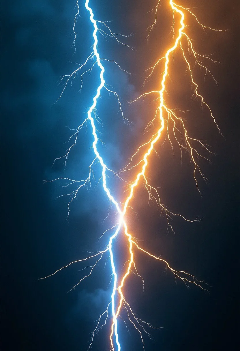 Two lightning bolts crashing into one another, one lightning bolt is blue and the other is yellow, both bolts are crackling with energy, the two bolts meet in the middle of the image, it almost looks as though the two lightning bolts are competing with each other, the image is cinematic and jaw dropping, it is highly detailed, a masterpiece