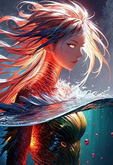 (score_9, score_8_up), score_7_up, zPDXL, solo, <lora:MythAnim3Style:0.8>, MythAn1m3,  source_anime, 1girl, mermaid, dark mysterious backgroud, Iridescent eyes, aquatic scene, dreamlike atmosphere, mystical, ethereal light, detailed textures, whimsical, rippling, dripping, water element, very long cascading hair, water, very beautiful, sexy, sexy body, beautiful body, scales, wet body, Iridescent scales, bubbles, water drops, Iridescent skin, multi colored eyes, partially underwater shot, watce, bioluminescent skin, bioluminescent, glowing, bioluminescent scales, bioluminescent hair,  FastNegativeV2, laser light clothes, submerged breast, water line on lense, view from under water, light hair, cool tones