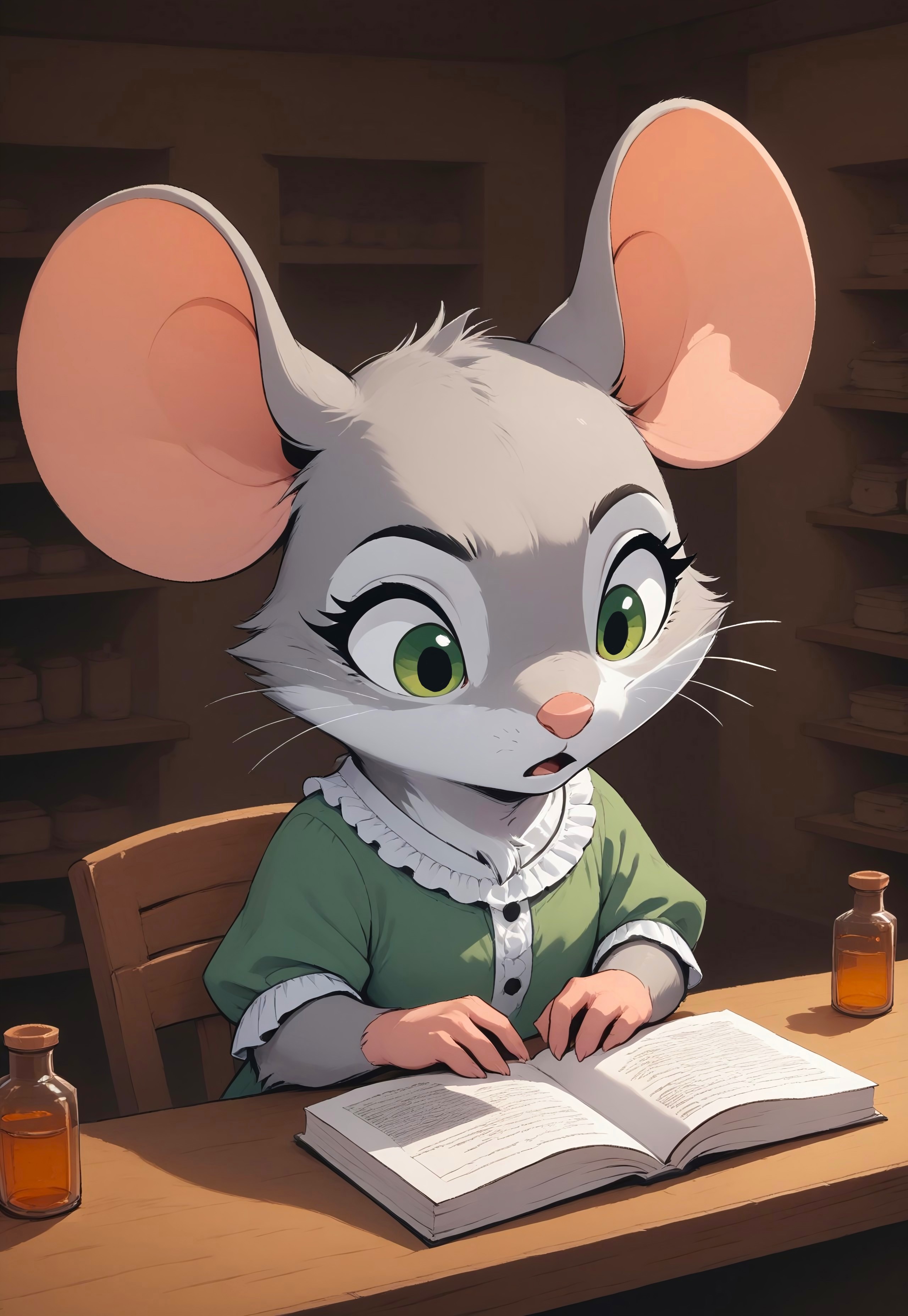 score_9, score_8_up, score_7_up, score_6_up, score_5_up, score_4_up, 
[][][][][] 
m0use_goldie, cuillu, (grey fur, green eyes), 
[][][][][] 
frilly shirt, (cute:1.5), (upper body shot, head focus), indoors, annoyed expression, (sitting at desk:1.5), papers, paperwork, clutter, (shelves, bottles, potions:1.2), high angle view, open mouth, looking away, looking down, reading, side view,