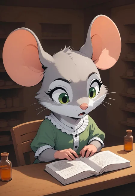 score_9, score_8_up, score_7_up, score_6_up, score_5_up, score_4_up, 
[][][][][] 
m0use_goldie, cuillu, (grey fur, green eyes), 
[][][][][] 
frilly shirt, (cute:1.5), (upper body shot, head focus), indoors, annoyed expression, (sitting at desk:1.5), papers, paperwork, clutter, (shelves, bottles, potions:1.2), high angle view, open mouth, looking away, looking down, reading, side view,