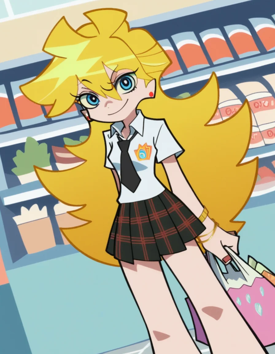 score_9, score_8_up, score_7_up, source_anime, <lora:panty-anarchy-anime-ponyxl-lora-nochekaiser:1>, panty anarchy, blonde hair, blue eyes, ahoge, long hair,, skirt, shirt, jewelry, school uniform, white shirt, pleated skirt, earrings, necktie, collared shirt, bracelet, plaid, plaid skirt, black necktie,, grocery store, cashier, shopping bag, scanning items, small talk, everyday routine, smile, looking at viewer, knee forward, arm behind back, foot on tiptoe, solo,, cowboy shot, dutch angle