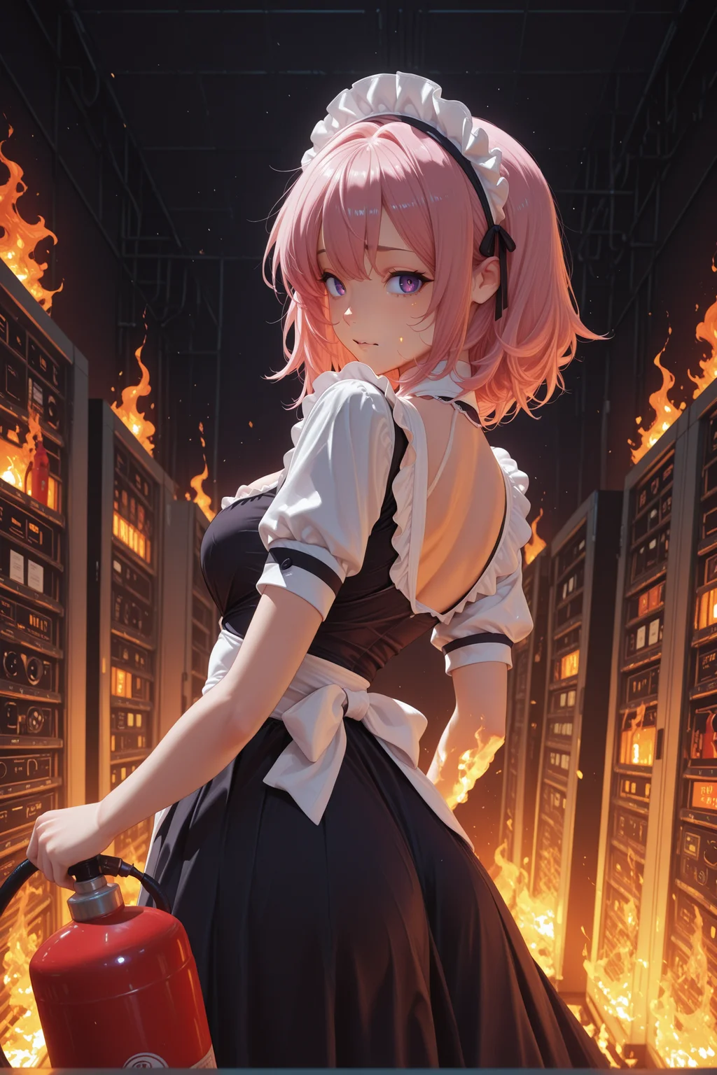 1girl,solo, CivChan, pink hair, purple eyes, maid uniform, cleavage,holding a fire extinguisher, flames erupting from the servers next to her,surrounded by flames.dark background, server room, servers with fire,from back,look back,panic face