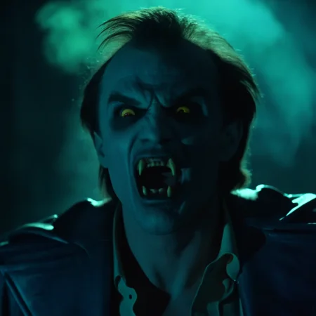 cinematic film still of <lora:Ultraviolet lighting Style:1> Ultraviolet lighting Style
<lora:Fright Night 1985 Film Style:1> vampire creature from fright night 1985 film staring in anger to viewers at nightclub , shallow depth of field, vignette, highly detailed, high budget, bokeh, cinemascope, moody, epic, gorgeous, film grain, grainy