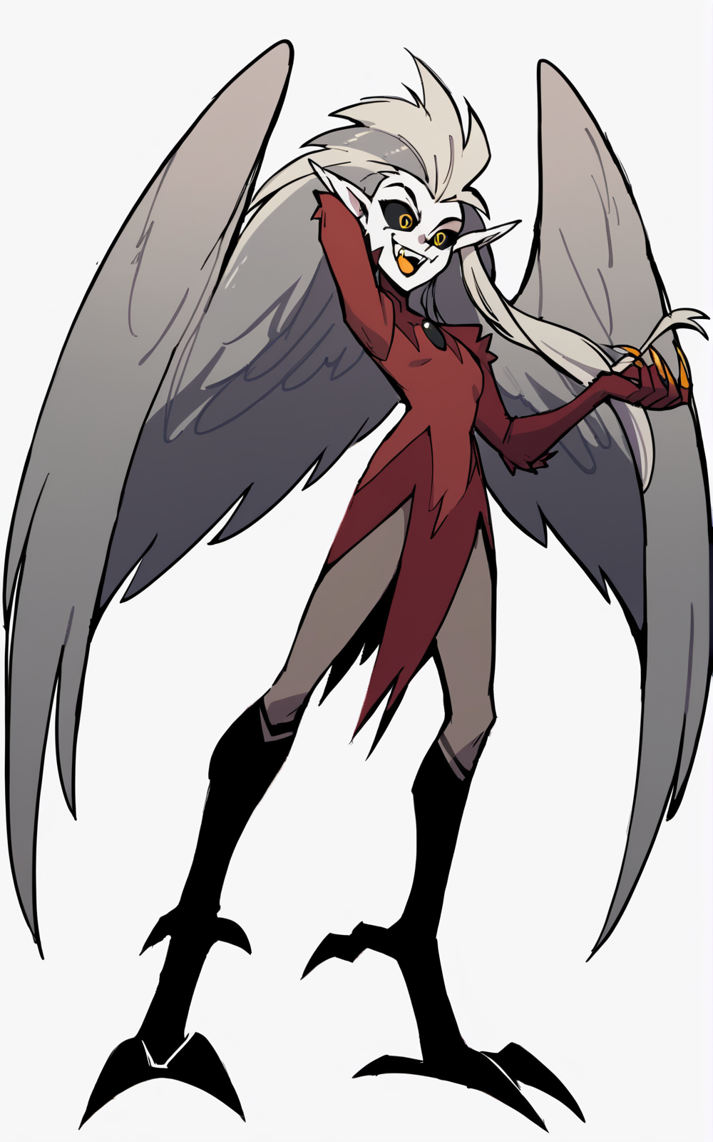 score_9, score_8_up, score_7_up,((best quality)), absurdres, ((full body)), <lora:BolivanteStyle:0.8>, <lora:HaEdPXL:0.8>,HaEdPXL,long hair, grey hair, pointy ears, claws, dress, red dress, wings, talons, long sleeves, fang, golden fang, black sclera, yellow eyes, pelvic curtain, feathered wings,white background, standing,slim