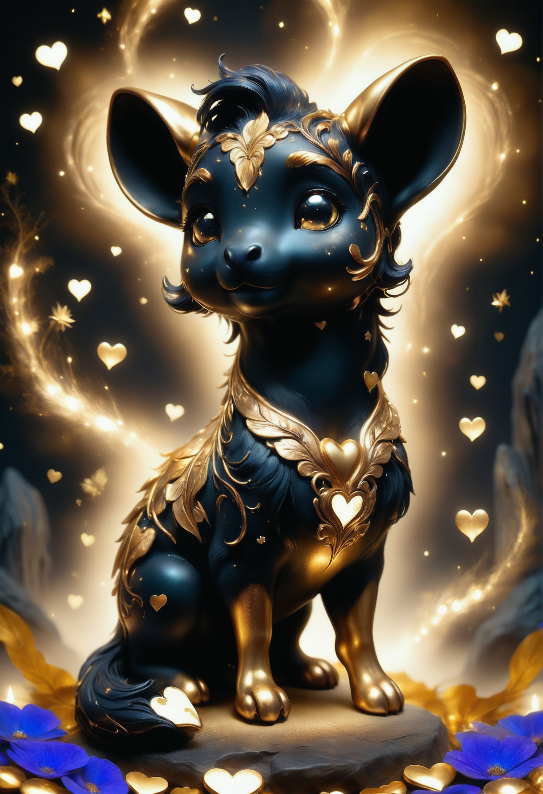 a cute zhibi domestic animal <lora:zhibi:0.8> made out of Jed-ANC <lora:ArtNouveauCopperStyle:0.9>, cuteness overload, surrounded by stardust and floating hearts <lora:heartmiststyle:0.5> in a starLS fantasy landscape <lora:stardustlandscapes-000006:0.7>, cinematic shot, hero pose, comic book art, dynamic figure drawing, powerful compositions, still life, flora and fauna, dark palette, intricate details, magic atmosphere, ambient background, intricate detail, luxury