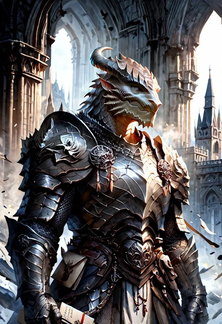score_9, score_8_up, 8, score_7_up, score_6_up, solo, massive dragonborn with strong armor, in the cathedral , dutch angle, scale mail armor, 40 year old, FFAOR,