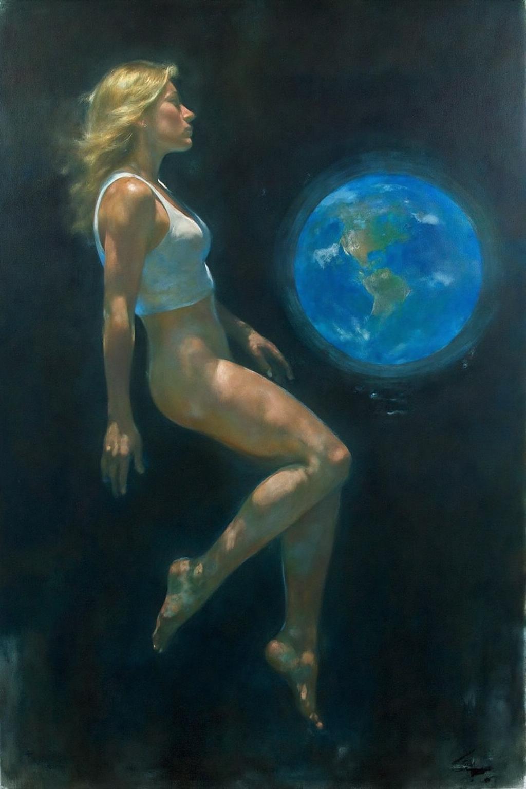 painting. A blonde woman, show in side profile, is floating weightless inside a dimly lit station. She is waring short short, white tank top and barefoot. She is looking at blue planet Earth visible through a large port hole.  She is melancholic, and is thinking of her family back on earth. <lora:billbate1_cap_d8a4e12:1.0><lora:852805712970032758:0>