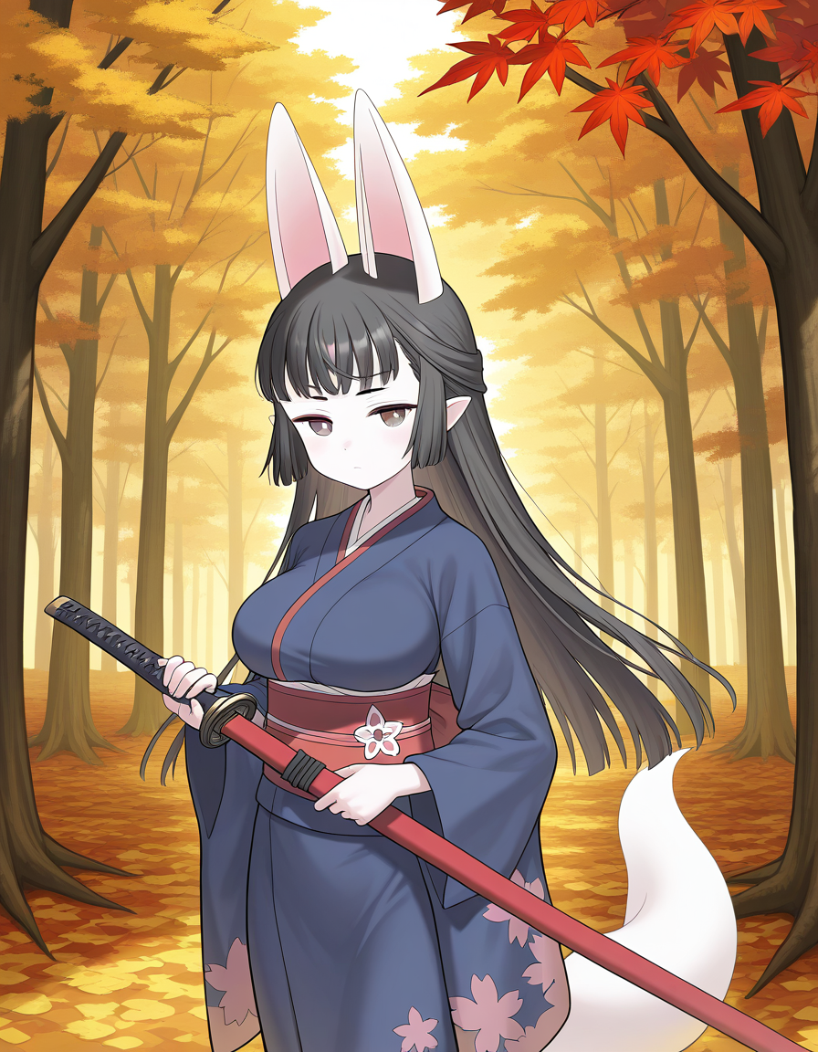 general,highres, ultra-detailed,very aesthetic,best quality ,best hands,  BREAK <lora:Hasaha_IS:1.1> Hasaha, animal ears, black hair, brown eyes, pointy ears,  white tail, large breasts,
 long hair, serious face, holding, looking at viewer, cowboy_Shot, Japanese sword, blue kimono, red sash,  floral print,
forest, 
autumn,
fallen leaves,