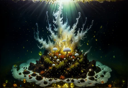 legendary landscape, underwater scene, ocean, (cumulonimbus seaweed:1.3), (burried treasure, gold, gems:1.2), corals, bright particles, gloom, underwater lilies, explosive bright particles in the form of sparks of light, dark  <lora:add-detail-xl:0.7> <lora:xl_more_art-full_v1:0.7>  <lora:sdxl/nicola_samori_dark_art_style:0.7> in the style of Nicola Samori