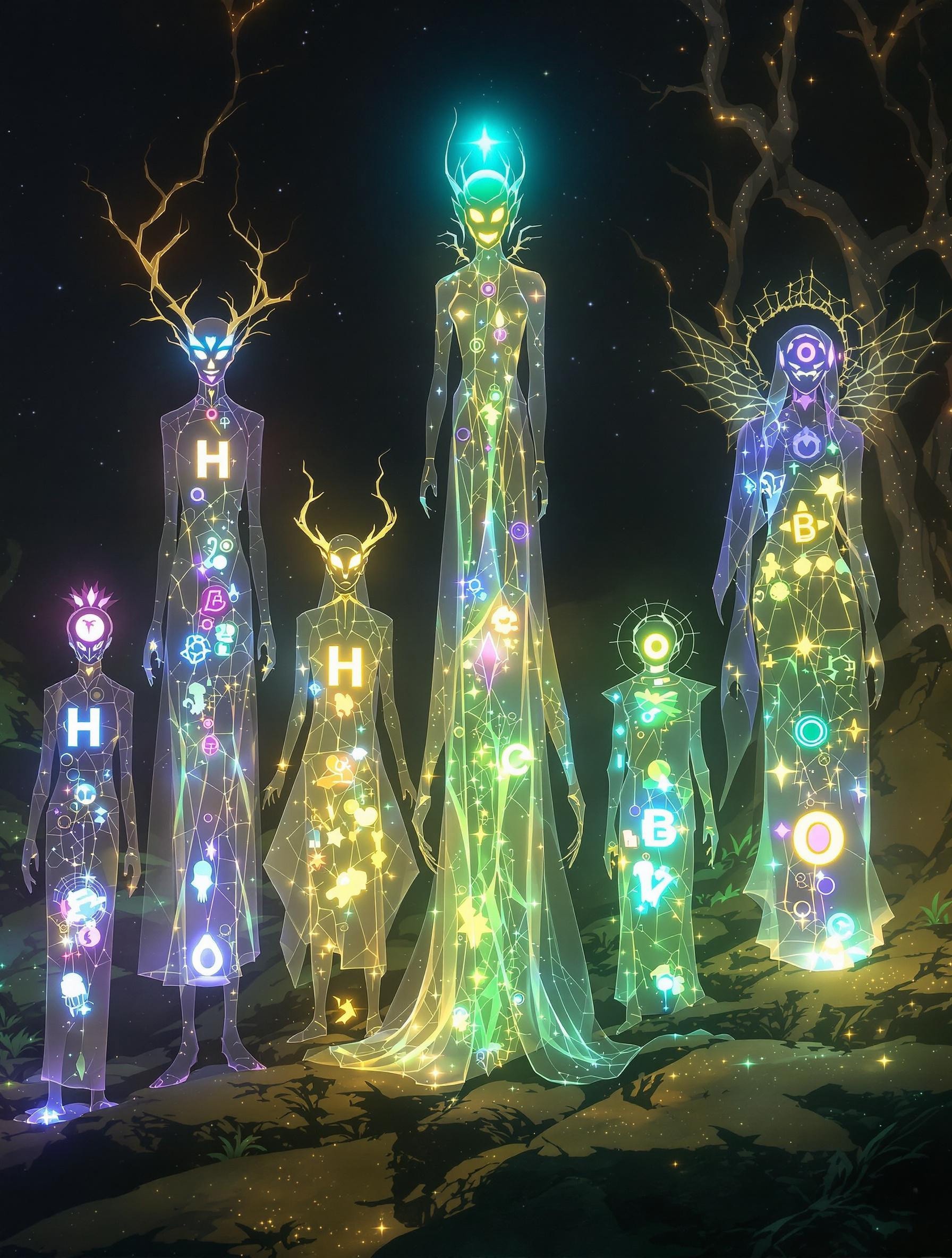 7 bioluminescence translucent entities they are,
A Bioluminescence translucent Hydrogen God - H (Atomic number 1)
A Bioluminescence translucent Helium Goddess- He (Atomic number 2)
A Bioluminescence translucent Lithium God - Li (Atomic number 3)
A Bioluminescence translucent Beryllium Goddess- Be (Atomic number 4)
A Bioluminescence translucent Boron elf - B (Atomic number 5)
A Bioluminescence translucent Carbon/humanoid - C (Atomic number 6)
A bioluminescence translucent Nitrogen/demon - N (Atomic number 7)
Oxygen - O (Atomic number 8)
Masterpiece, 32k, 16k, 8k,