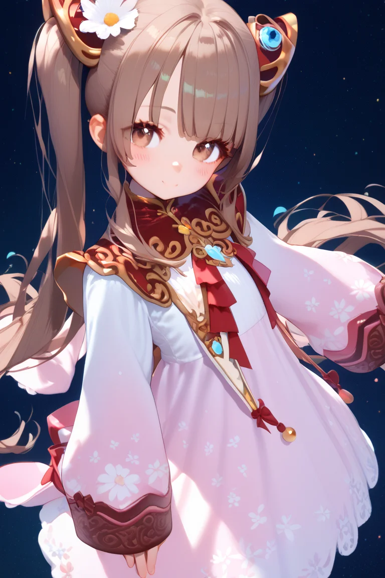 score_9, score_8_up, score_7_up, source_anime,
simple background,
looking at viewer,
cowboy shot, from side,
petite female, flat chest,
blush, light smile, pov, from above,
lymle, brown hair, brown eyes, twintails, very long hair,
dress, long sleeves, pantyhose,
multicolored footwear, white footwear,
<lora:lymleRE_autismConfetti_v01:1>, zPDXL