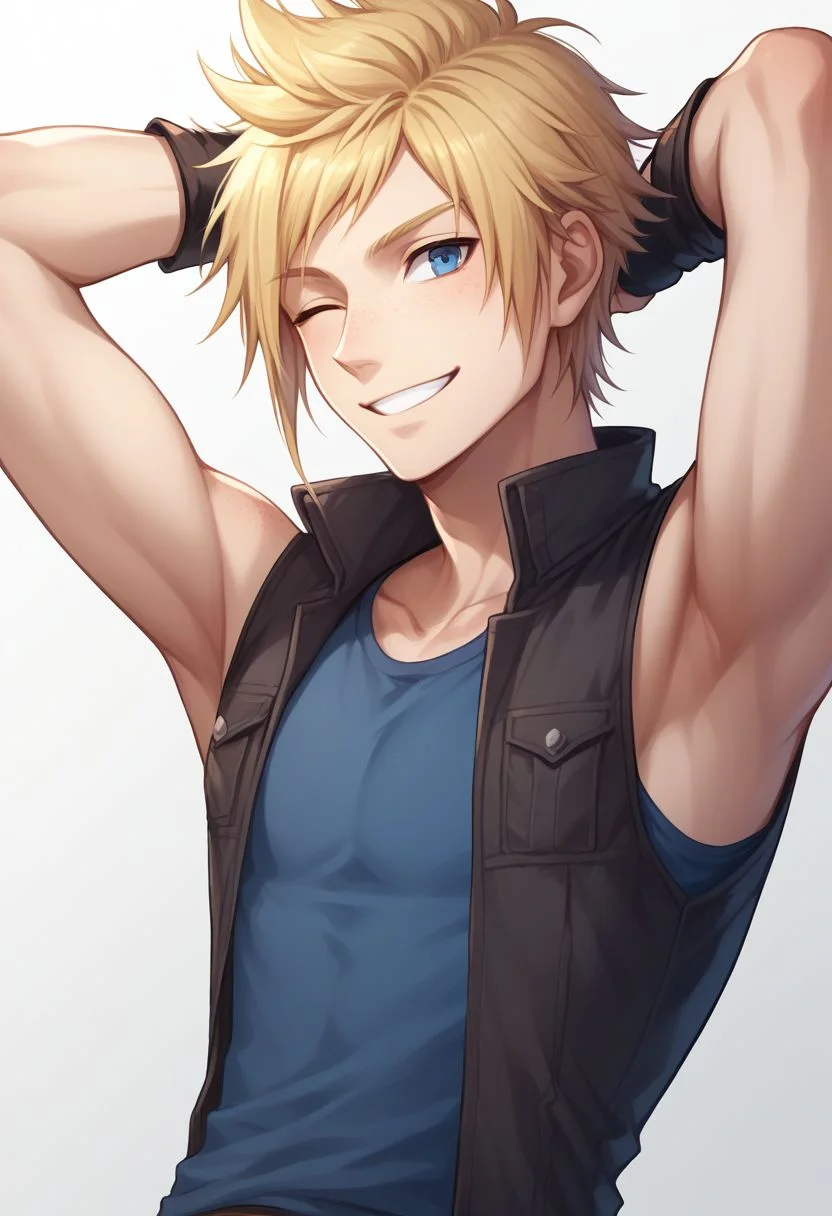 score_9, score_8_up, source_anime, highly detailed, 1boy, solo, male_focus, slender, skinny, upper body,
prompto, 1boy, male focus, solo, blue eyes, blonde hair, gloves, fingerless gloves, freckles, shirt, sleeveless, smile, hands behind head, wink,
indoor,