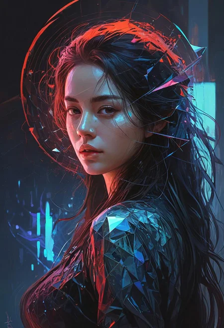 elegant haired abstract beauty, approaching perfection, dynamic, pitch black, highly detailed, dark, moody, low light, lowly lit, digital painting, artstation, concept art, smooth, sharp focus, illustration, art by Carne Griffiths and Wadim Kashin, black and red colors, good shadows, back lit, hidden, obscured, (pale skin:1.6), brushed eyebrows, busty, cleavage, (prisms:1.6), (prismatic:1.5), (ghostly thin veil:1.6), prismatic, reflections, cyberpunk, (black light clothes:1.6), monolith, mirrors, mirror, monolithic, obsidian, sun circle, other worldly, (different dimensions:1.7), (mysterious:1.5), (portrait:1.7), blue bra,