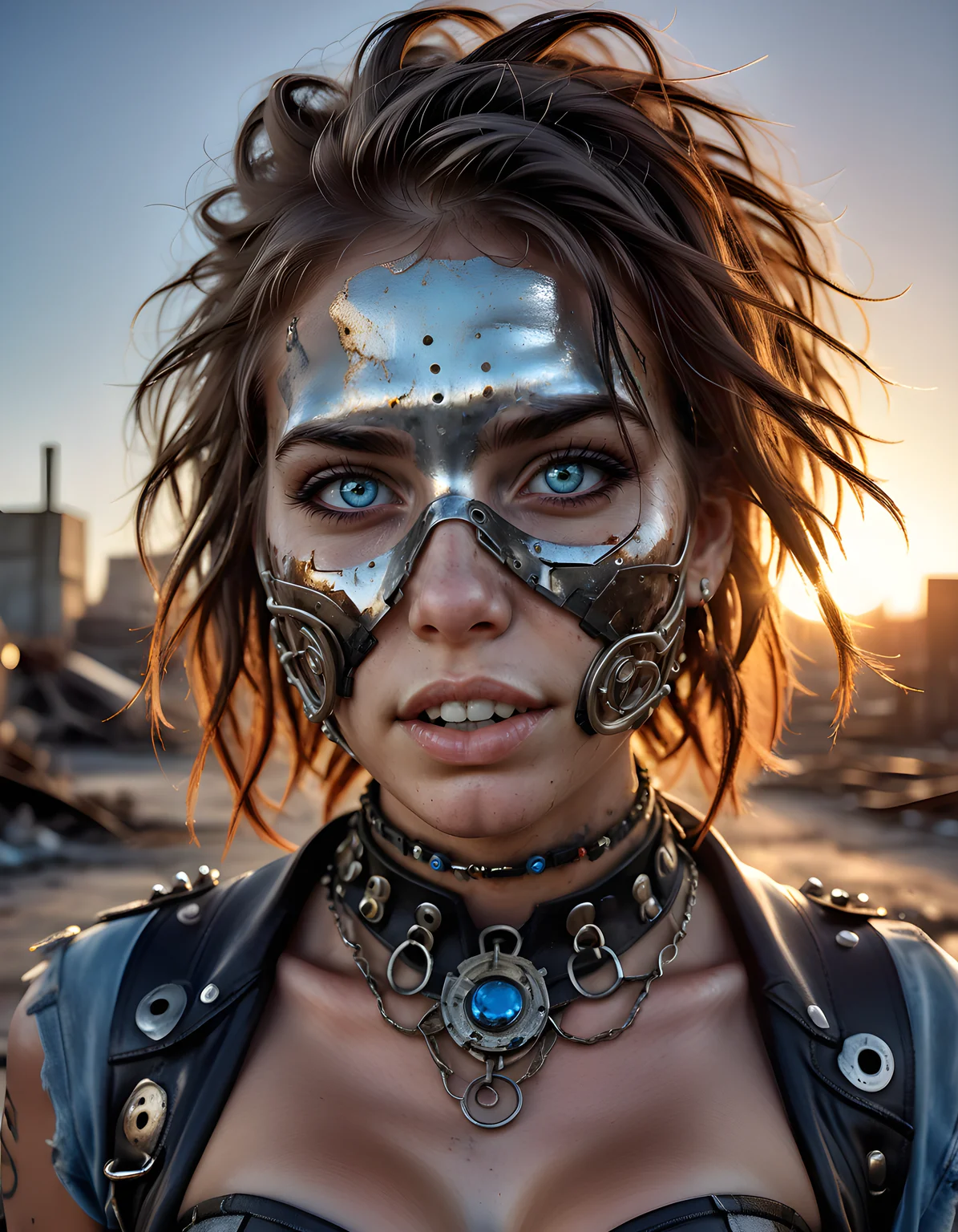 In a gritty, industrial setting of a post-apocalyptic cityscape at twilight, the camera captures a hauntingly beautiful close-up portrait of M4R150L, a resilient woman with freckles sprinkled across her sun-kissed skin and a defiant expression etched into her strong jawline. Her piercing blue eyes are accentuated by dark eyeliner, while the lower half of her face is obscured by a tattered mask that only reveals her sparkling teeth. Adorned in a unique outfit of recycled materials, she wears a corset made from weathered metal plates, and a ripped leather jacket adorned with colorful beads and charms, her fingers intertwined with intricate jewelry. The image is shot from a low angle, emphasizing her heightened posture and the grime-streaked concrete beneath her boots. The dim, orange glow of a dying sun casts long shadows across the frame, creating an eerie, yet captivating emotional tone that speaks volumes about her resilience in a world lost to decay.