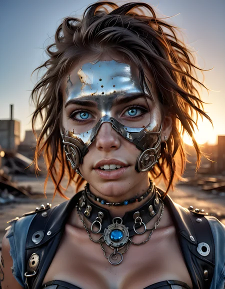 In a gritty, industrial setting of a post-apocalyptic cityscape at twilight, the camera captures a hauntingly beautiful close-up portrait of M4R150L, a resilient woman with freckles sprinkled across her sun-kissed skin and a defiant expression etched into her strong jawline. Her piercing blue eyes are accentuated by dark eyeliner, while the lower half of her face is obscured by a tattered mask that only reveals her sparkling teeth. Adorned in a unique outfit of recycled materials, she wears a corset made from weathered metal plates, and a ripped leather jacket adorned with colorful beads and charms, her fingers intertwined with intricate jewelry. The image is shot from a low angle, emphasizing her heightened posture and the grime-streaked concrete beneath her boots. The dim, orange glow of a dying sun casts long shadows across the frame, creating an eerie, yet captivating emotional tone that speaks volumes about her resilience in a world lost to decay.