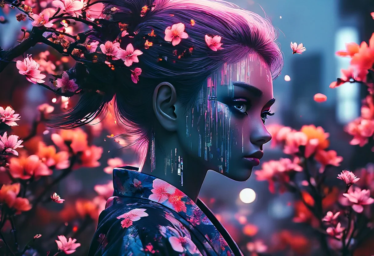 Jed-dblexpsre effect, glitch art photo, novuschroma79 style, merged, anime
epic portrait of cyber geisha, (neon kimono:1.6), double exposure of (Shibuya at night:1.7), (botanical garden:1.5), (bioluminescent plants:1.6), fairies, (floating koi fish:1.5), (abstract neon patterns:1.6), (katana on back:1.4), (glowing flower:1.7), stunning girl, (light on face:1.8), (glitch art:1.5), (novuschroma79 style:1.6), (anime:1.6), vibrant colors, (cinematic color grading:1.7), surreal lighting, cinematic depth