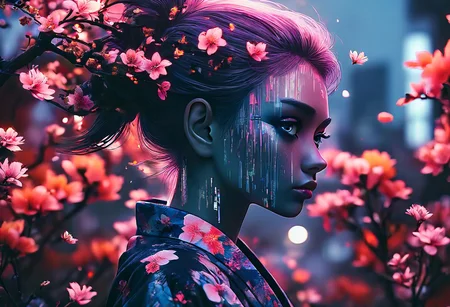 Jed-dblexpsre effect, glitch art photo, novuschroma79 style, merged, anime
epic portrait of cyber geisha, (neon kimono:1.6), double exposure of (Shibuya at night:1.7), (botanical garden:1.5), (bioluminescent plants:1.6), fairies, (floating koi fish:1.5), (abstract neon patterns:1.6), (katana on back:1.4), (glowing flower:1.7), stunning girl, (light on face:1.8), (glitch art:1.5), (novuschroma79 style:1.6), (anime:1.6), vibrant colors, (cinematic color grading:1.7), surreal lighting, cinematic depth