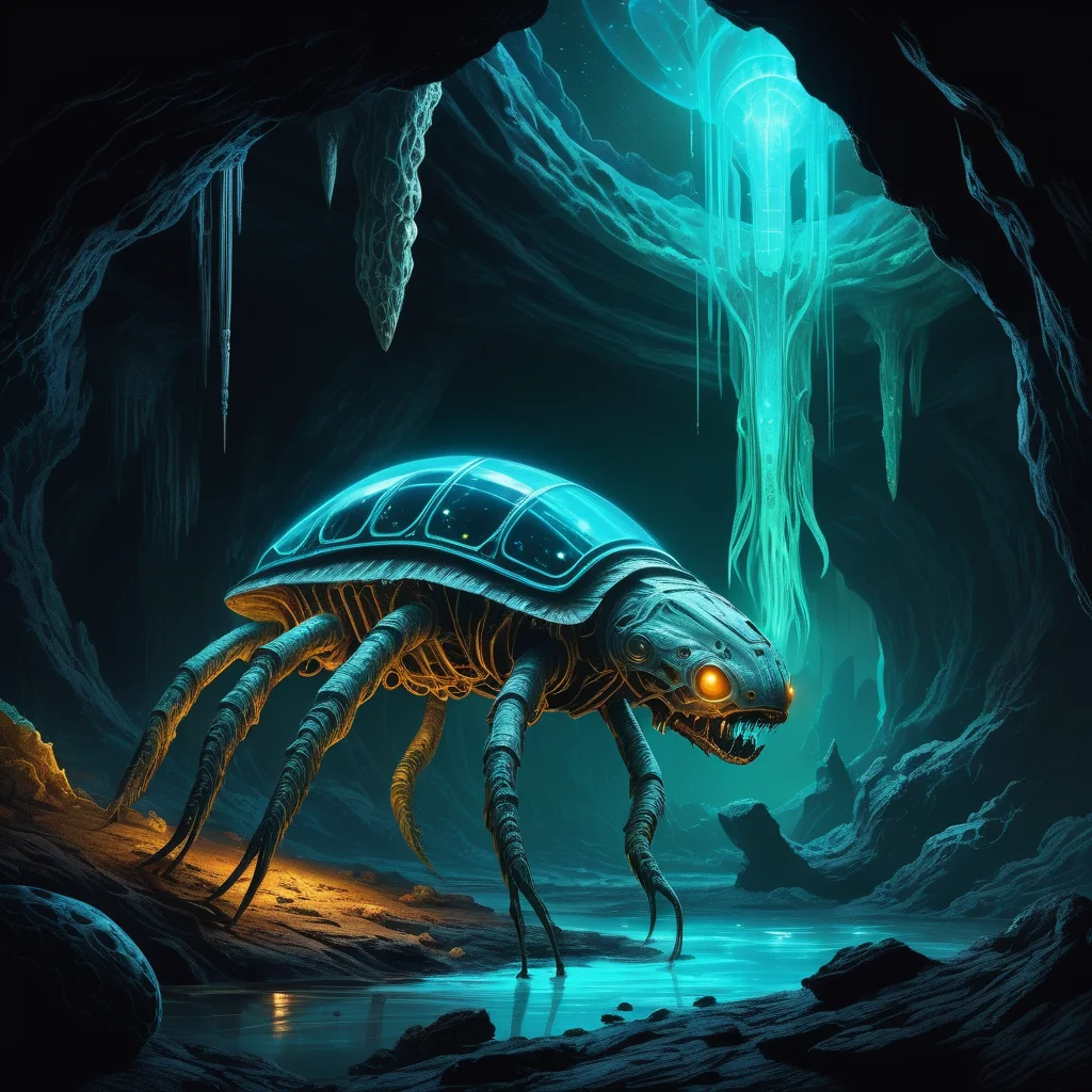 ((best quality)), ((masterpiece)), ((realistic,digital art)), (hyper detailed), Space colonization of Subterranean species- Bioluminescent creatures with phosphorescent markings in dark caverns. , Holographic artist, Fundamentalist