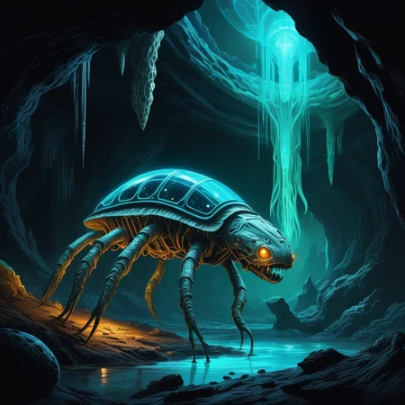 ((best quality)), ((masterpiece)), ((realistic,digital art)), (hyper detailed), Space colonization of Subterranean species- Bioluminescent creatures with phosphorescent markings in dark caverns. , Holographic artist, Fundamentalist