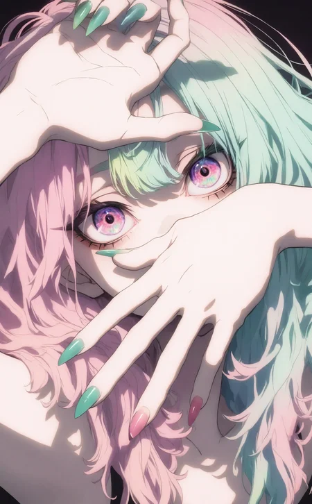 masterpiece, best quality, amazing quality, very aesthetic, high resolution, ultra-detailed, absurdres, newest, 1girl, solo, long hair, looking at viewer, purple eyes, upper body, pink eyes, nail polish, arms up, fingernails, portrait, multicolored eyes, sharp fingernails, covering own mouth, covered mouth, green nails, aqua nails, colorful, LDSCH Style, <lora:noobai_ep11_stabilizer_v0.138_fp16:0.3> <lora:NOOB_vp1_detailer_by_volnovik_v1:0.3> <lora:ma1ma1helmes_b-000014:0.4> <lora:LDSCH-IL:0.8> <lora:CrypticHue:0.7>