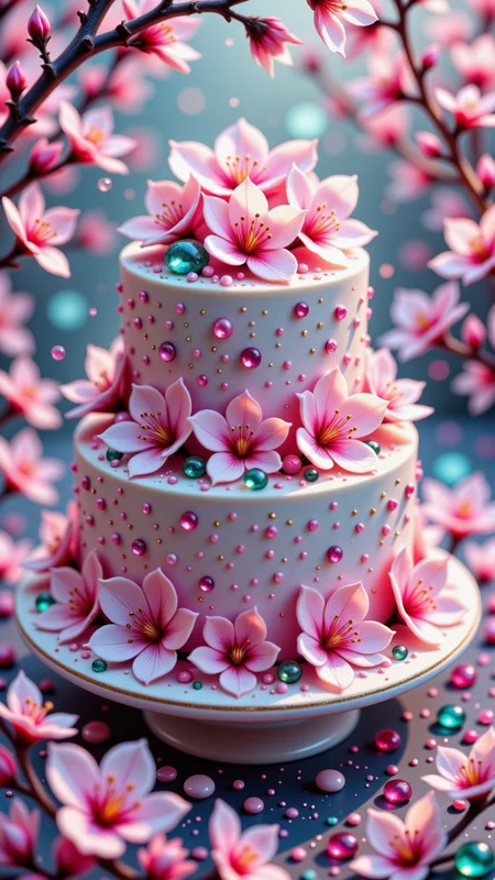 reij-ccnt, accent details, A stunning macro shot of a tiered cake covered in soft pink cherry blossoms, dotted with shimmering gemstones in hues of emerald, sapphire, and topaz. The entire scene is bathed in swirling gem-colored mist that gently envelops the cake, creating an ethereal, almost fairytale-like atmosphere. The cherry blossoms' petals glisten with tiny droplets, while the gems reflect the mistâs colors, casting a radiant glow over the intricate decorations in a breathtaking display of elegance.Jedjv1 <lora:JedJourney:0.6>, Jed-ppct, papercutstyle <lora:flux-papercut:0.2>,  <lora:accent4FLUX-000005:0.6>, aidmaimageupgrader <lora:aidmaImageUpgrader:0.4>,