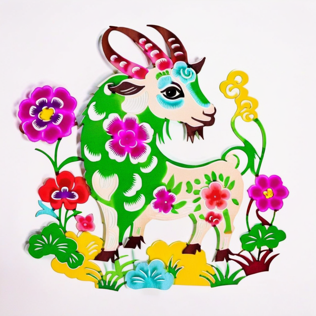 an image of  a colorful goat,grass,flowers,solid white  background,SP_CN_PPC,paper cutting <lora:0204_paper_cutting-checkpoint-5000:1.0>