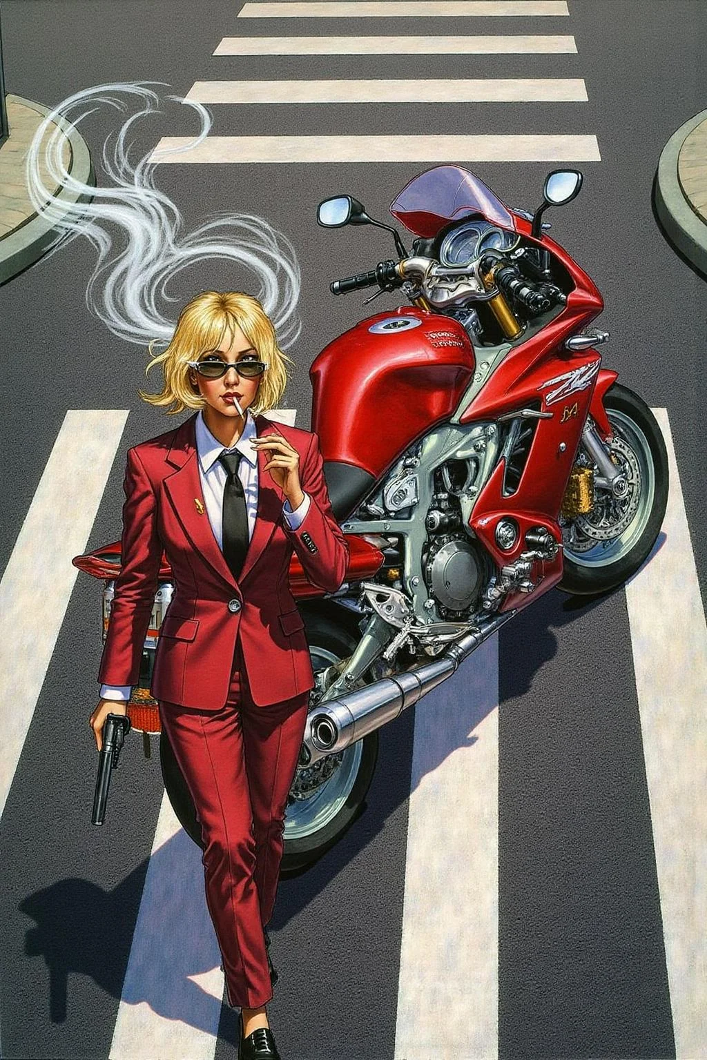 jole1 illustration.
Overhead shot of an Blonde woman walking away from a futuristic motorcycle parked at a zebra crossing. The woman has bob hair, is smoking. She wear a red business suit, white shirt, black tie, and sunglasses. She holds a gun with a confident grip. The motorcycle itself is red, sleek and metallic, with intricate designs and a futuristic vibe   <lora:jole1_cap_d6a3e12:1.0><lora:825878084810000440:0>