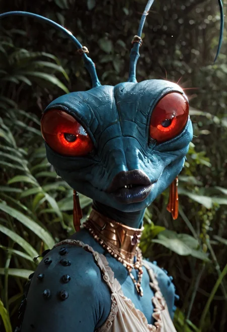 score_9, score_8_up, score_7_up, BREAK, 1girl, solo, female, anthro, insect, arthropod, andressa_thraxan, antennae, hourglass figure, blue body, blue chitin skin, big eyes, red eyes, thick blue lips, sexy pose, moody lighting, cinematic, best quality, masterpiece, photorealistic, realistic, 8k, photo, photography, hyperrealism