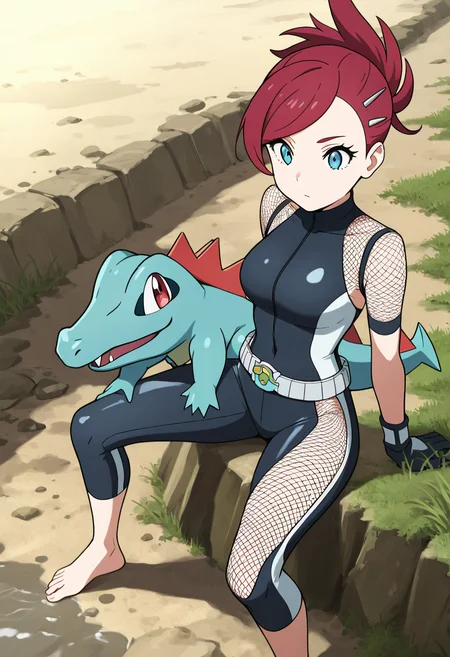 masterpiece, best quality, 1girl, solo, eyelashes, (beautiful eyes), dynamic pose, zzTotodile, 1girl, solo, side-swept bangs with tooth clip, slicked-back undercut, sleeveless wetsuit with open sides, fishnet crop jacket, gator-scale belt, cut-off leggings, barefoot on wet rocks near rapids. ,<lora:BulbasaurPokedex_IXL:1.0>,